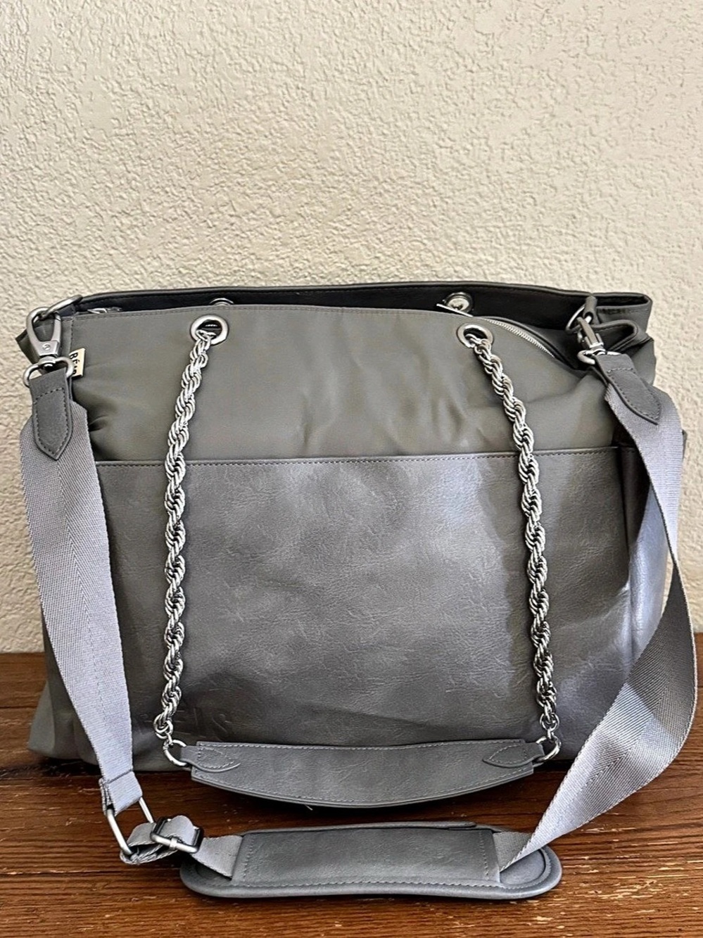 BEIS Grey Travel Tote/Diaper Bag Removable Strap Faux Leather Vacation On The Go